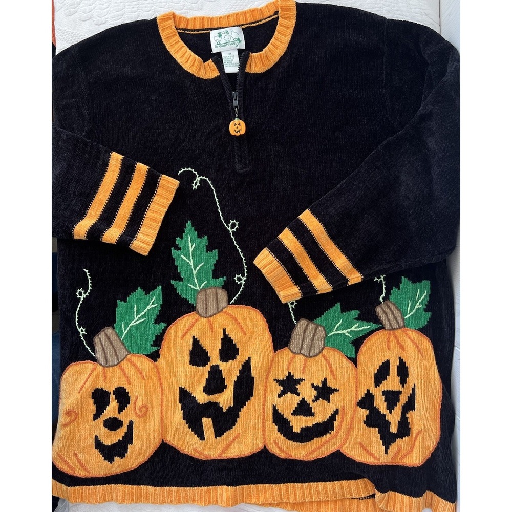Vintage The Quacker Factory Halloween Pumpkin Patch Sweater 3X Chenille 1/4 Zip